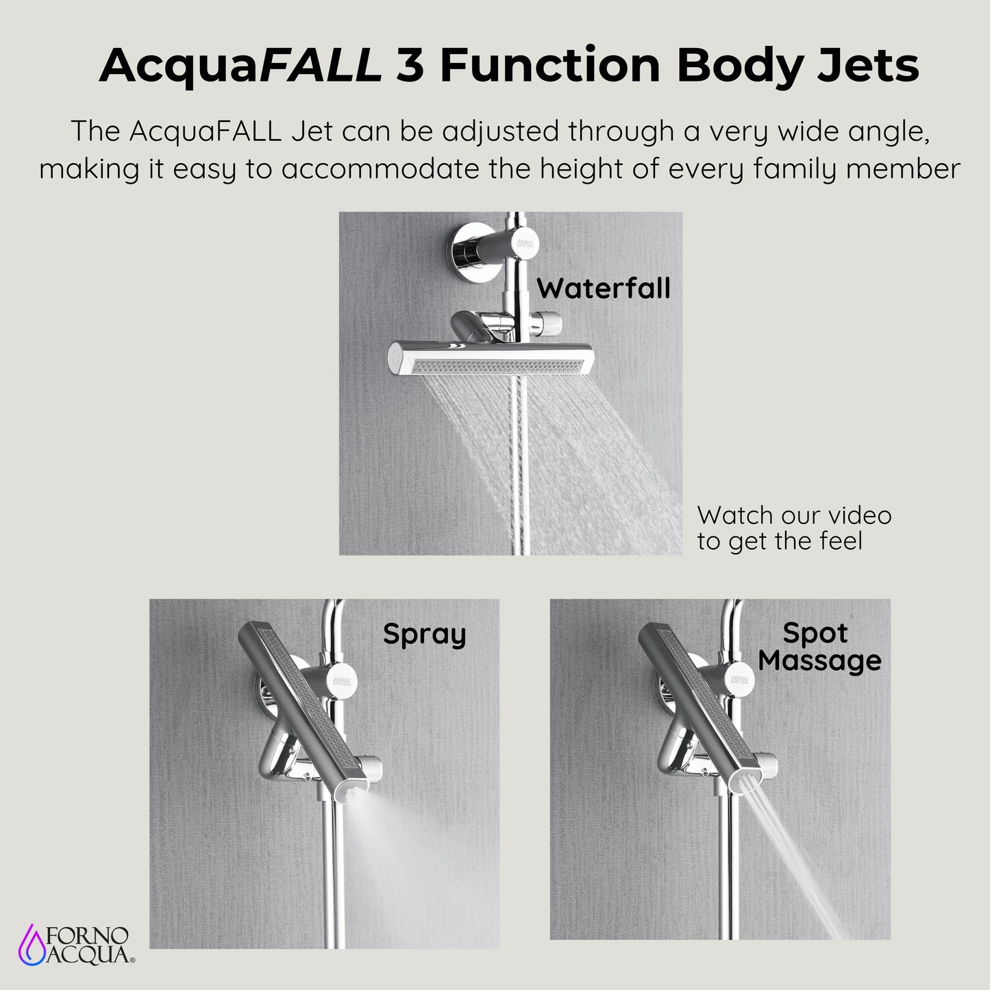 Forno Acqua AcquaFALL Shower, Brushed Nickel Finish, Overhead Rainfall Shower, 7 Way Diverter, Handheld Shower Head, Body Jets, 1.8 GPM Flow Rate