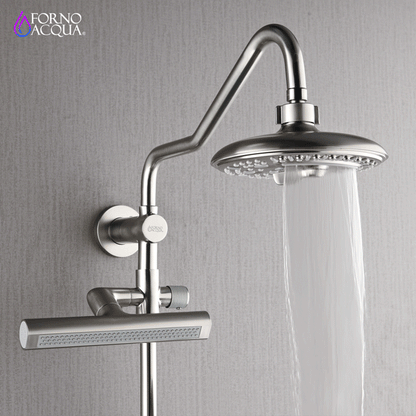 Forno Acqua AcquaFALL Shower, Brushed Nickel Finish, Overhead Rainfall Shower, 7 Way Diverter, Handheld Shower Head, Body Jets, 1.8 GPM Flow Rate