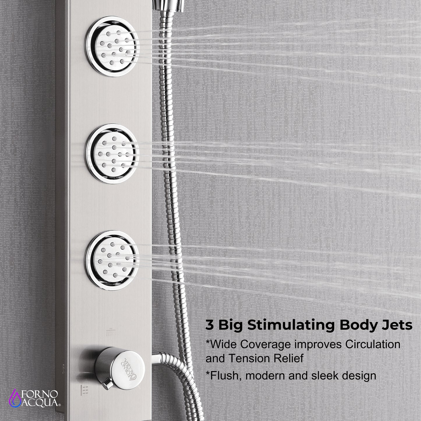 Forno Acqua AcquaSPA Shower Panel in Stainless Steel, Overhead Rainfall Shower, Handheld Shower Head, Body Jets, 1.8 GPM Flow Rate