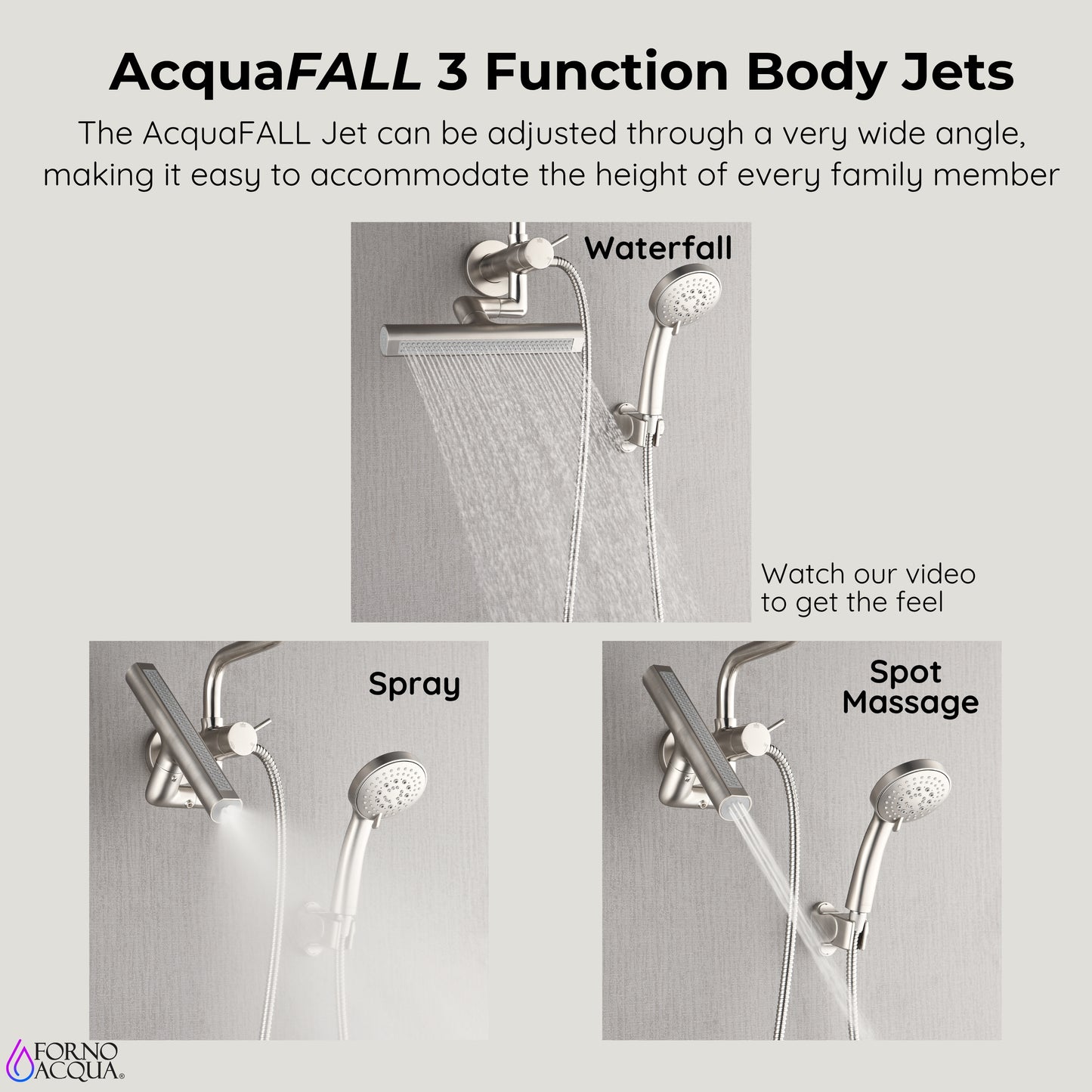 Forno Acqua AcquaFALL Mini Shower Head, Brushed Nickel Finish, Overhead Rainfall Shower, 7 Way Diverter, Handheld Shower Head, Body Jets, 2.5 GPM Flow Rate