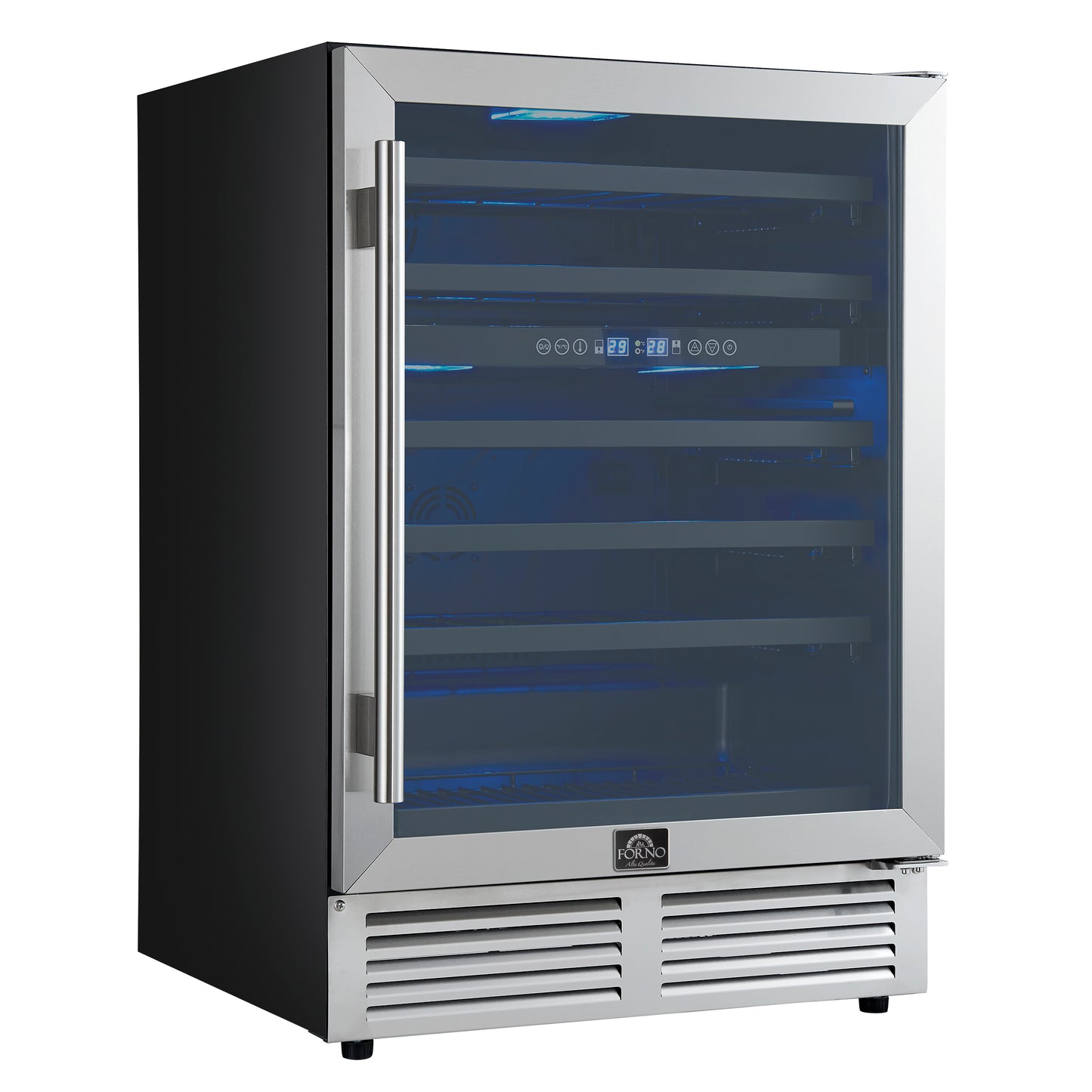 Forno Bacchino 24 Inch Wine Cooler, Stainless Steel, with LED Lighting, Triple Glass Door, 51 Bottle Capacity, Built-In or Freestanding