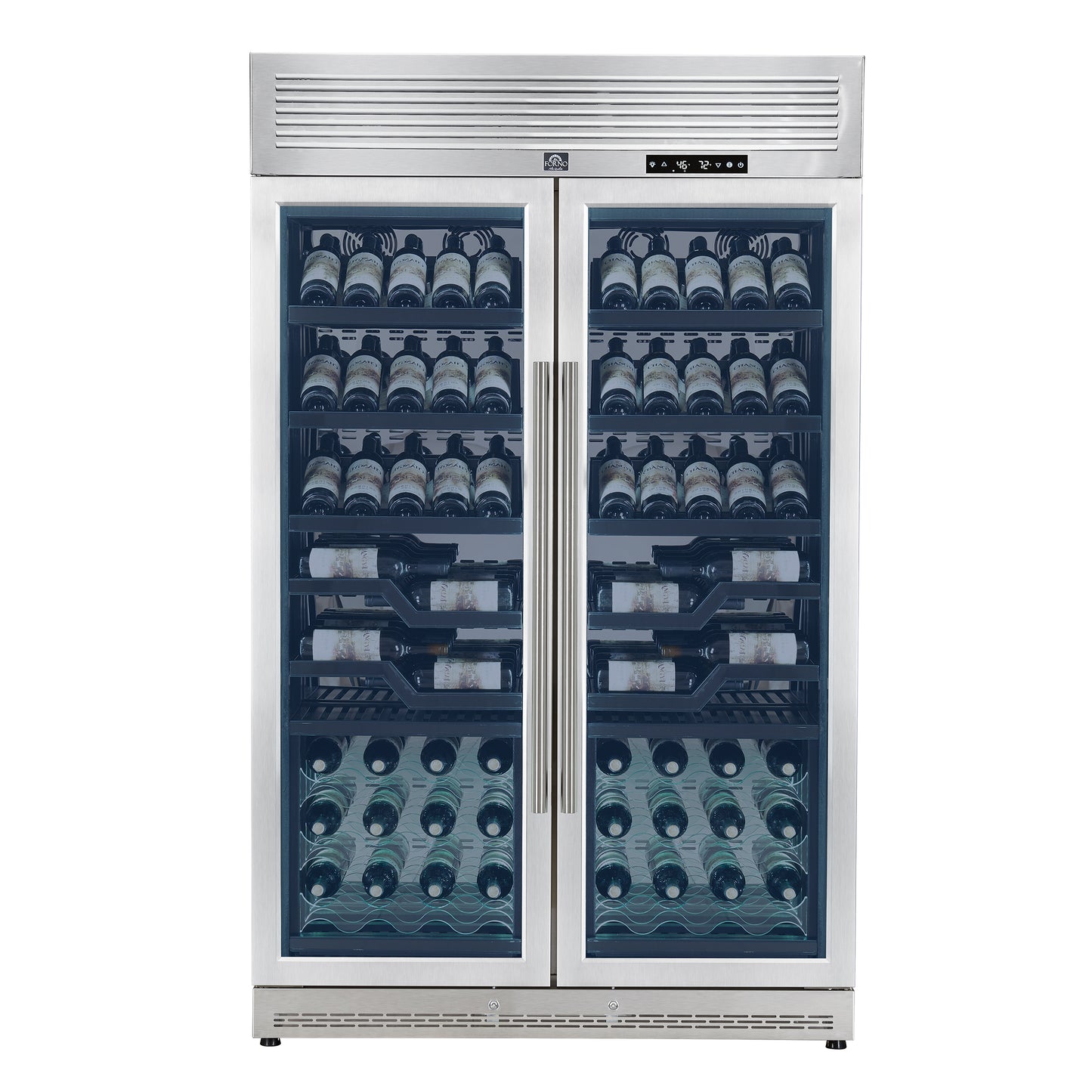 FORNO Abruzzo 48-Inch Dual Zones Wine Cellar, 102 Bottles, 24 cu. ft., Green Acrylic Holders & Black Shelves