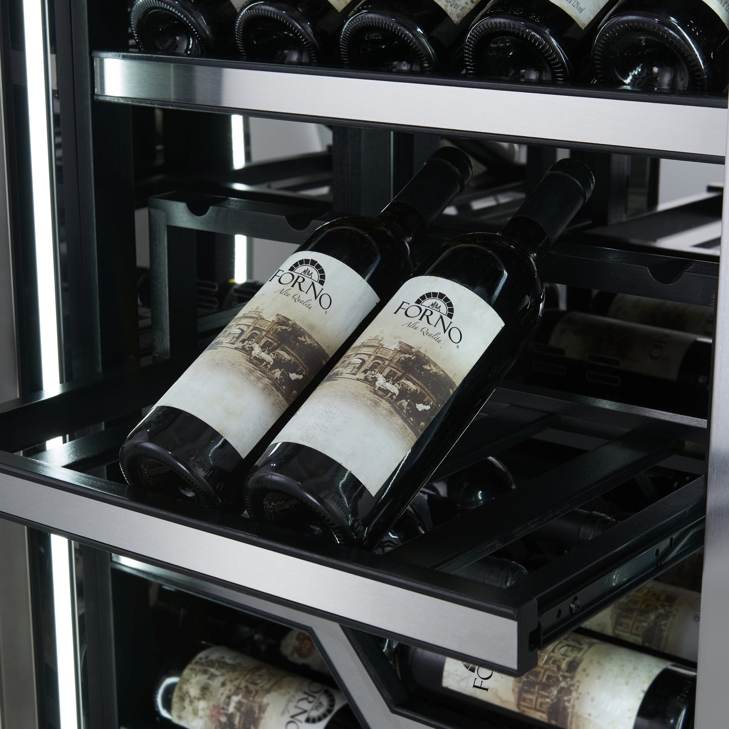 FORNO Abruzzo 48-Inch Dual Zone Wine Cellar, 102 Bottles, 24 cu. ft., Clear Acrylic Holders & Stainless Trim Shelves